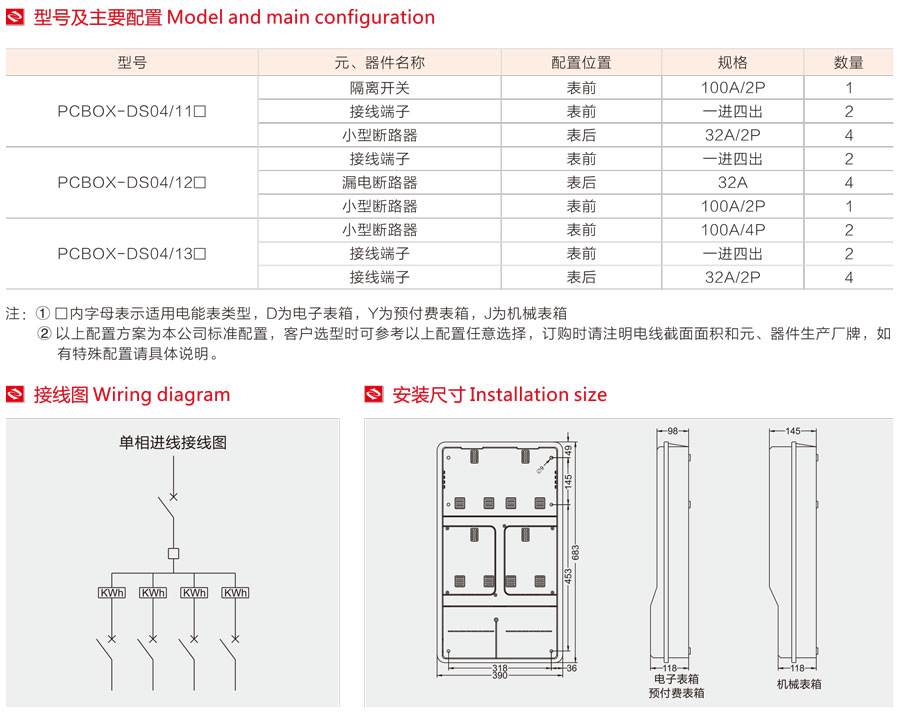单相四表位电表箱型号、主要配置、接线图、安装尺寸 单相四表位电表箱型号、主要配置、接线图、安装尺寸